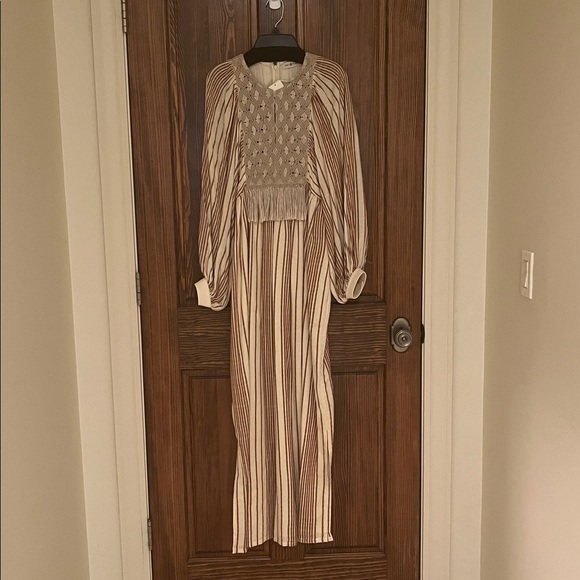 Tory Burch Beach Caftan Dress Coverup XS NWT brown stripe pom pom beige